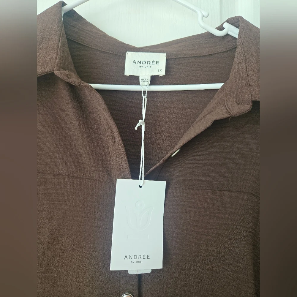 Andree Oversized Brown Button-Up Shirt Size 1x Nwt - Picture 3 of 3